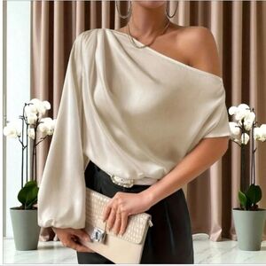 Luxe Elegant Satin One-Shoulder , Lantern Sleeve Ivory Color Blouse